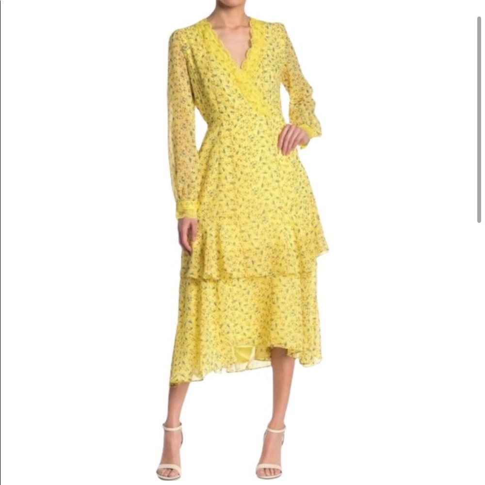 NWOT Melloday Yellow Ruffle Floral Lace Cottagecore long Sleeve Tiered Dress